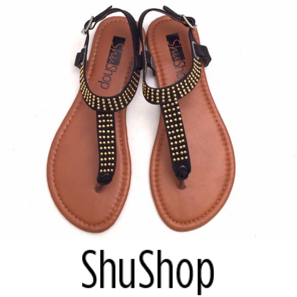 NWOT Vegan Suede Black and Gold Sandals